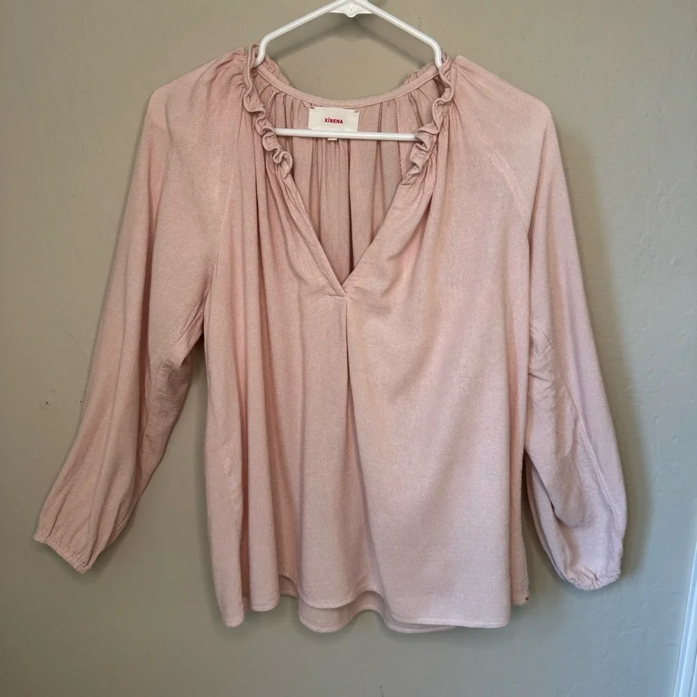 XIRENA Camila Crepe Top Rosefinch Pale Pink V-Neck Long Sleeve Loose Fit Size SM - Picture 13 of 16